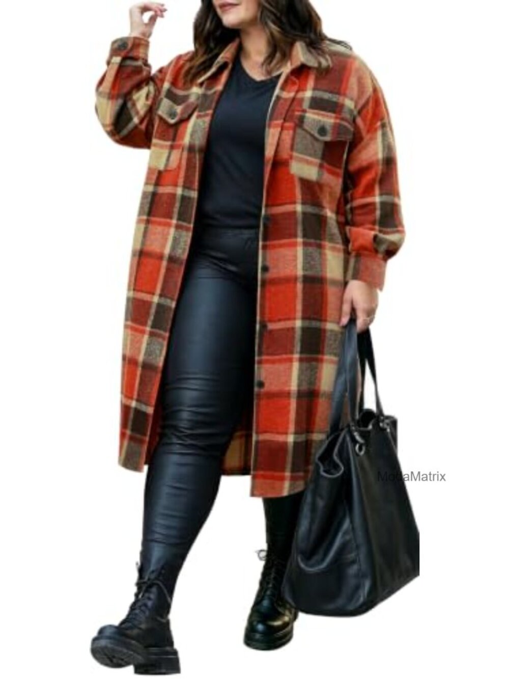Plus Size Flannel Plaid Shacket Button Down Knee Length Oversized Shirt